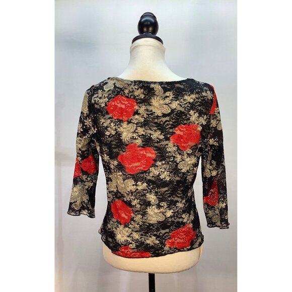 Y2K Babydoll Top Womens M (est) Black Red Rose Lace Sheer Fairy Whimsy Goth - Picture 2 of 7